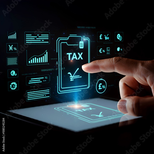 Wallpaper Mural Hand, finger touching tax button on virtual screen, tax return, payment, data analysis, financial research, accounting, planning budget. Torontodigital.ca