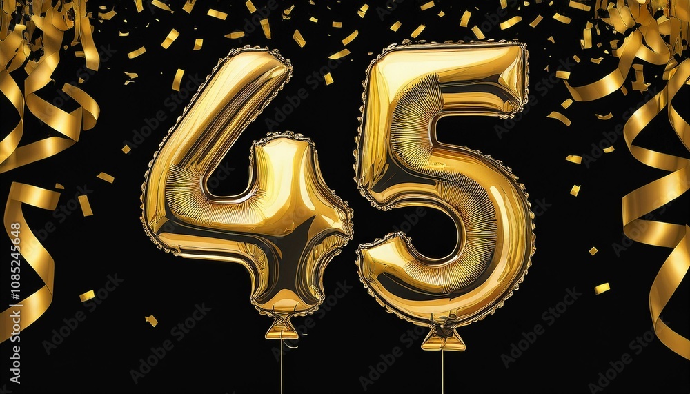 Gold birthday / anniversary balloon, number 45, black background with confetti Gold birthday / anniversary balloon, number 45, black background with confetti