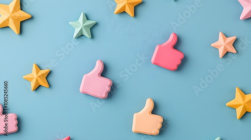 Colorful Thumbs Up and Stars Icons on a Soft Blue Background Representing Employee Satisfaction and Positive Feedback in the Workplace