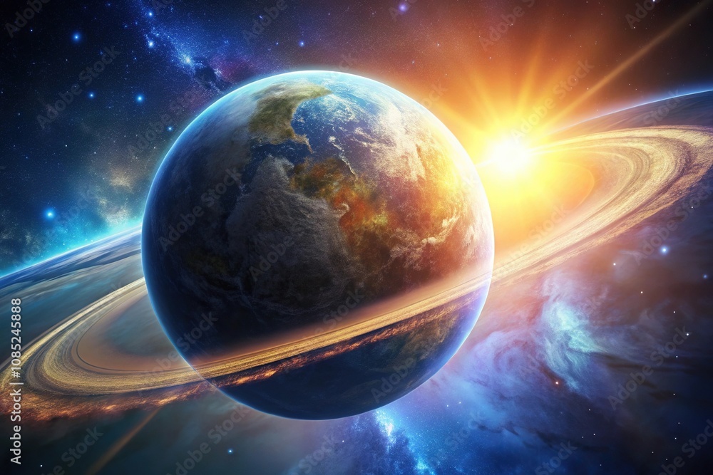 A majestic planet orbits around its radiant sun in a breathtaking display of celestial harmony, galactic plane, space background A majestic planet orbits around its radiant sun in a breathtaking display of celestial harmony, galactic plane, space background