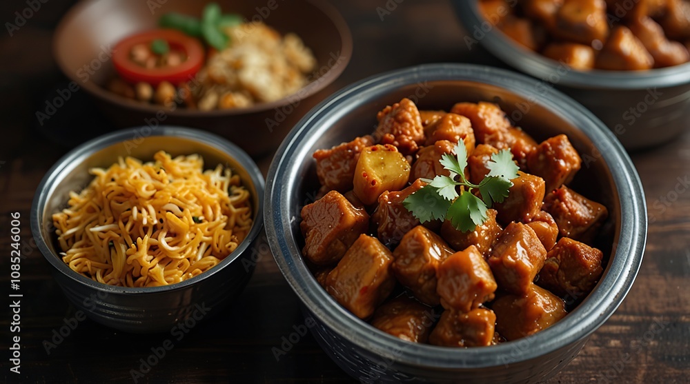 Oriental food - Indian takeaway at a London's market Oriental food - Indian takeaway at a London's market