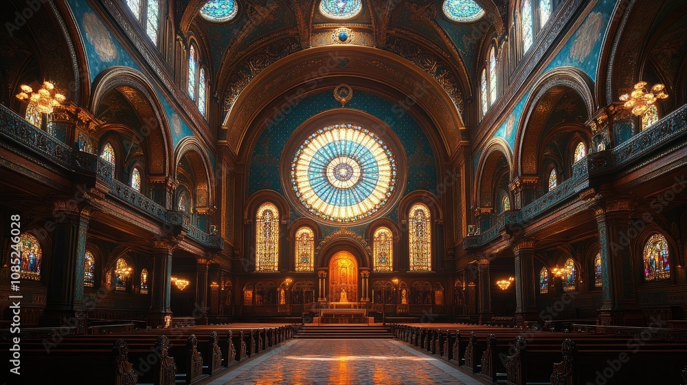 Obraz premium Majestic church interior with stained-glass rose window, altar, and pews.