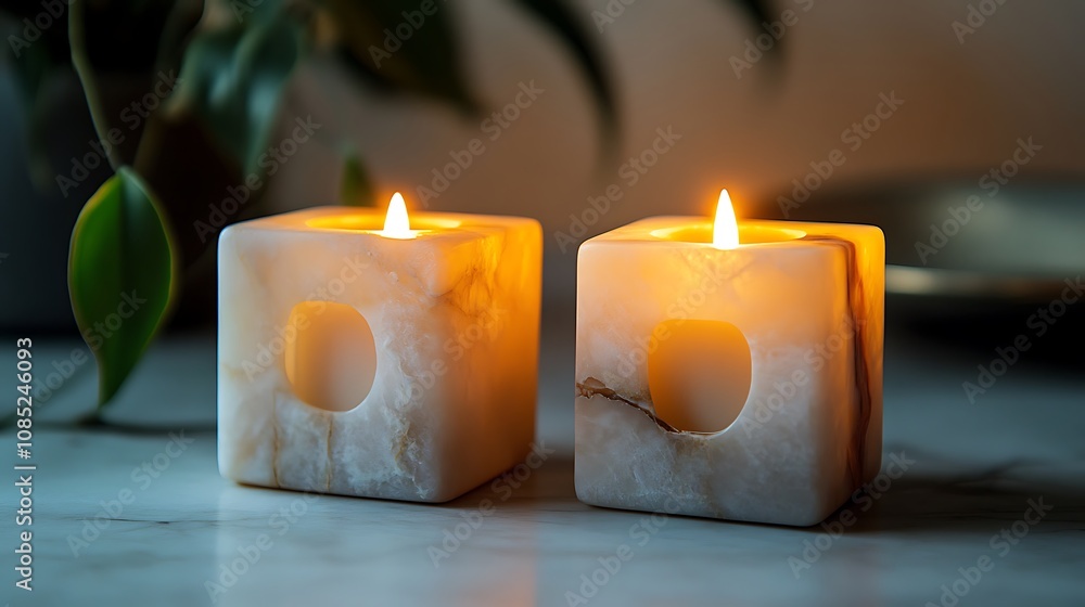 Two lit cube-shaped candles, made of light-beige stone with cut-out circular patterns, sit on a marble surface near a blurred green plant. Two lit cube-shaped candles, made of light-beige stone with cut-out circular patterns, sit on a marble surface near a blurred green plant.