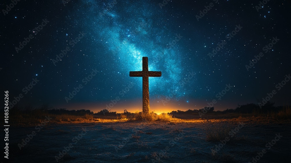 Majestic cross silhouetted against a vibrant, starlit night sky. Majestic cross silhouetted against a vibrant, starlit night sky.