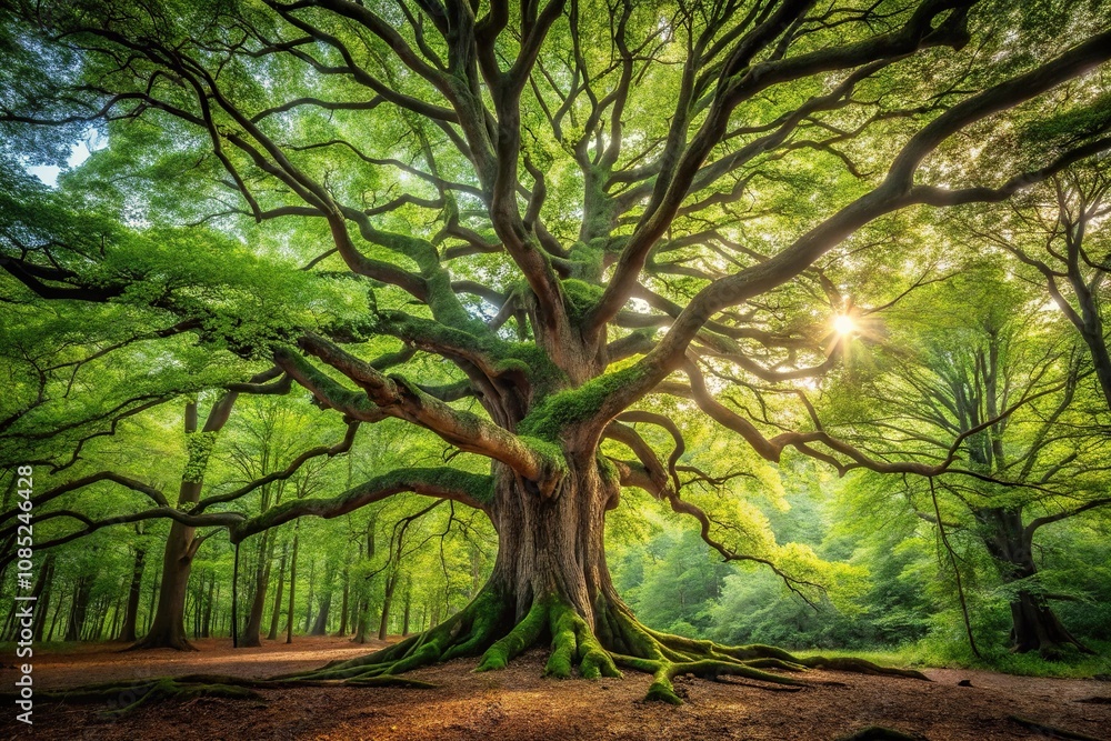 Naklejka premium A massive ancient tree stands alone in the heart of a forest, woods, ancient tree, forest, solitary, nature