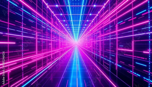 Futuristic Neon Corridor Digital Data Stream Cyberspace Tunnel Abstract Background