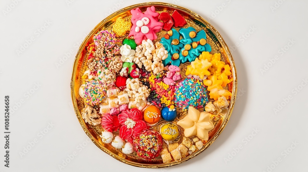 Fototapeta premium Vibrant Sweets on Gold Plate with Colorful Decorations