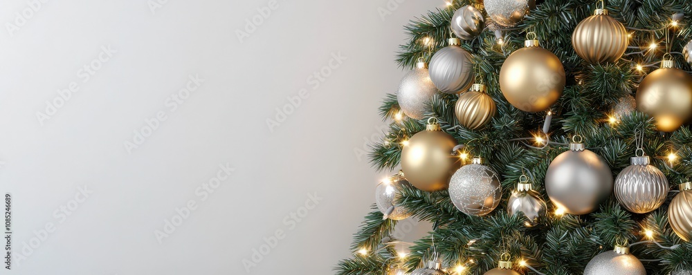 Elegant Christmas tree adorned with gold and silver baubles, illuminated by warm fairy lights against a neutral background. Perfect for festive greeting cards and holiday celebrations. Elegant Christmas tree adorned with gold and silver baubles, illuminated by warm fairy lights against a neutral background. Perfect for festive greeting cards and holiday celebrations.