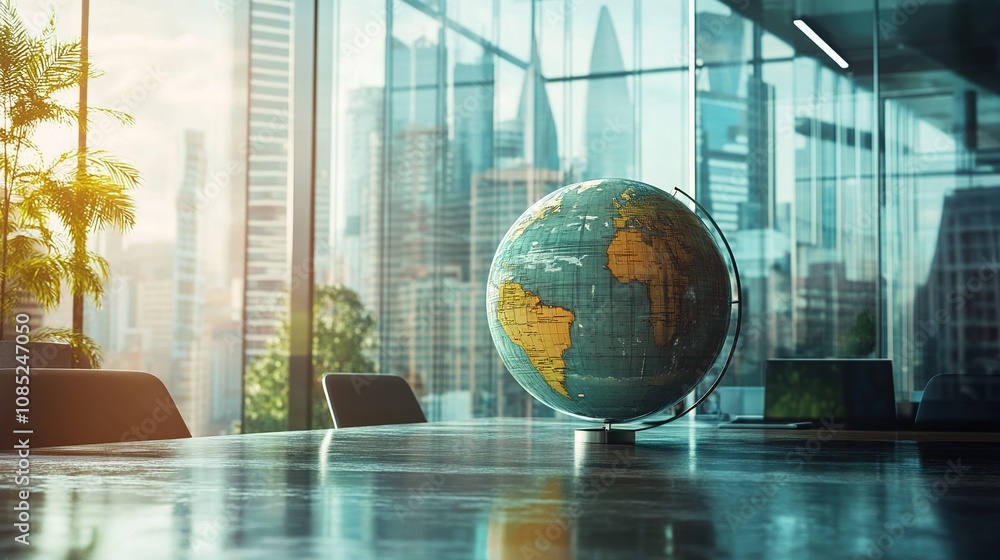 Elegant office workspace featuring a globe on a wooden table with a panoramic city skyline view through large glass windows, showcasing modern architecture and urban lifestyle. Elegant office workspace featuring a globe on a wooden table with a panoramic city skyline view through large glass windows, showcasing modern architecture and urban lifestyle.