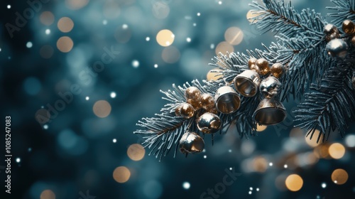Winter garland with silver bells and bokeh on midnight blue backdrop