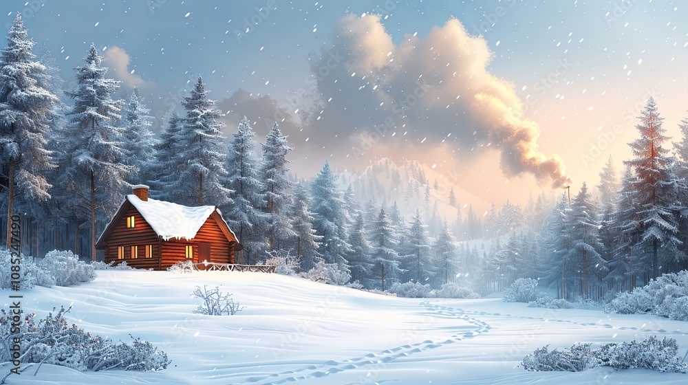 Cozy cabin in the woods, smoke rising from the chimney on a winter day Cozy cabin in the woods, smoke rising from the chimney on a winter day