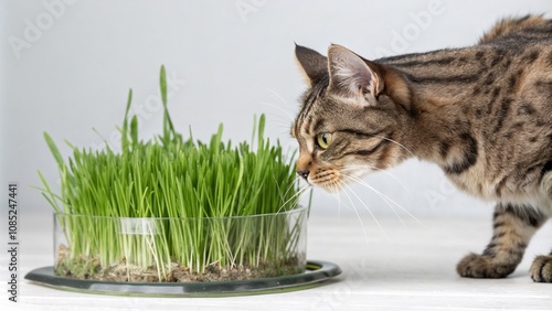 Tabby cat smelling fresh cat grass in a pot with a light background