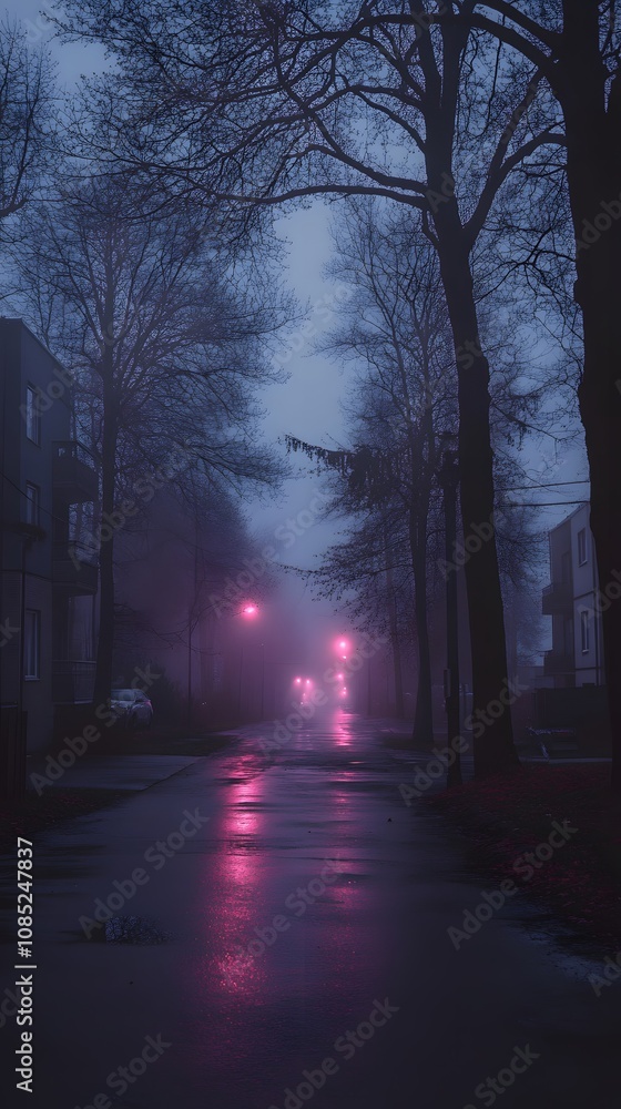 Misty street scene at dusk with glowing lights and reflections on wet pavement. Misty street scene at dusk with glowing lights and reflections on wet pavement.