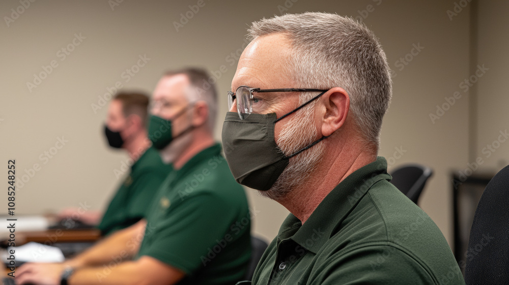 A group of individuals wearing masks attentively participate in a meeting, showcasing a focus on safety and collaboration. A group of individuals wearing masks attentively participate in a meeting, showcasing a focus on safety and collaboration.