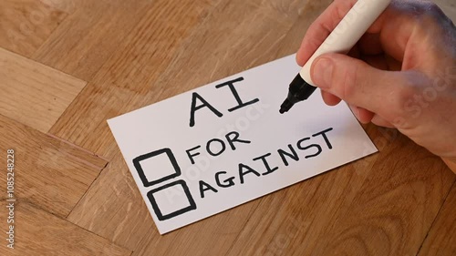 human hand with pen casts positive vote for popular trending topic AI Artificial Intelligence. Public opinion varies on computer automation and ethics. people embrace modern technology