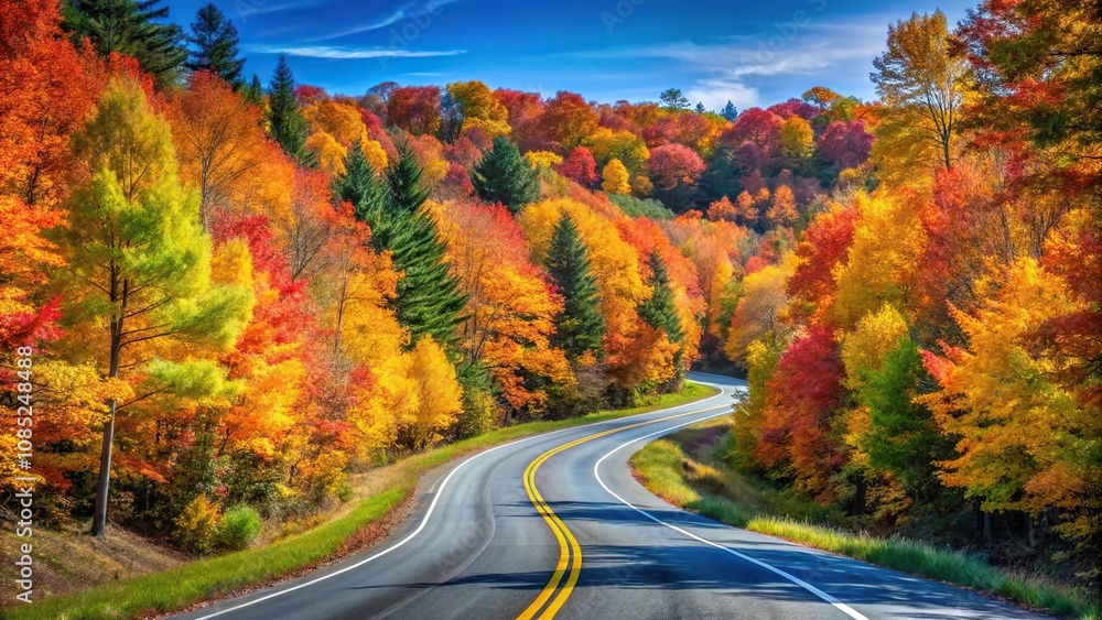 A scenic highway with a winding road, lined with tall trees and colorful fall foliage, set against a clear blue sky, trees, highway, scenic view, fall foliage, winding road A scenic highway with a winding road, lined with tall trees and colorful fall foliage, set against a clear blue sky, trees, highway, scenic view, fall foliage, winding road