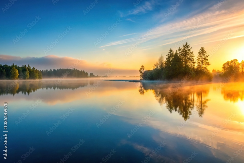 Fototapeta premium A serene lake at sunrise with misty fog surrounding the water's surface, natural, reflection