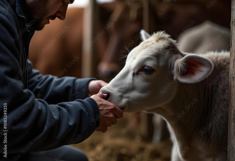 Caring farmer interacts with calf in barn, showcasing tenderness and connection. warm atmosphere highlights bond between humans and animals Caring farmer interacts with calf in barn, showcasing tenderness and connection. warm atmosphere highlights bond between humans and animals