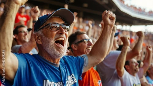 A group of mature men at a baseball game, cheering and celebrating together, showcasing their lifelong passion for sports
