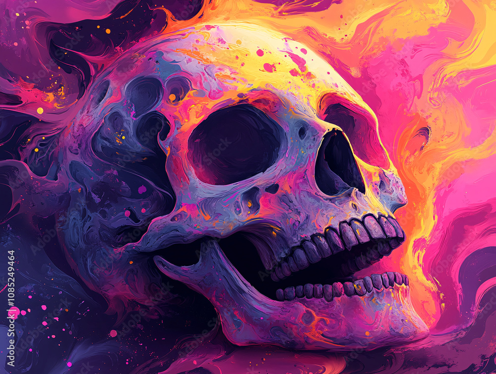 a skull with a vibrant, colorful design. The skull is set against a backdrop of flames and smoke. a skull with a vibrant, colorful design. The skull is set against a backdrop of flames and smoke.