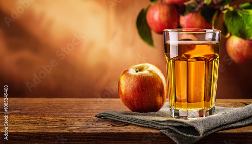 Glass of apple juice on wooden background with copy space. Healthy vegetarian food