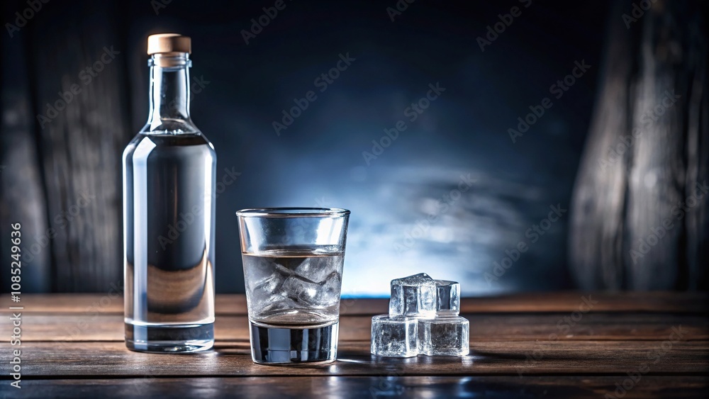 A shot glass filled with clear vodka and ice, placed next to a bottle of premium vodka, barware, club, drink, cocktail ingredients A shot glass filled with clear vodka and ice, placed next to a bottle of premium vodka, barware, club, drink, cocktail ingredients