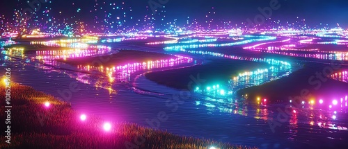 Neon-infused rice paddies reflecting colorful lights, cyberpunk agricultural landscape, future farming photo