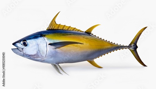  yellowfin tuna (Thunnus albacares) isolated on white background. is a species of tuna found in pelagic waters of tropical and subtropical oceans worldwide. photo