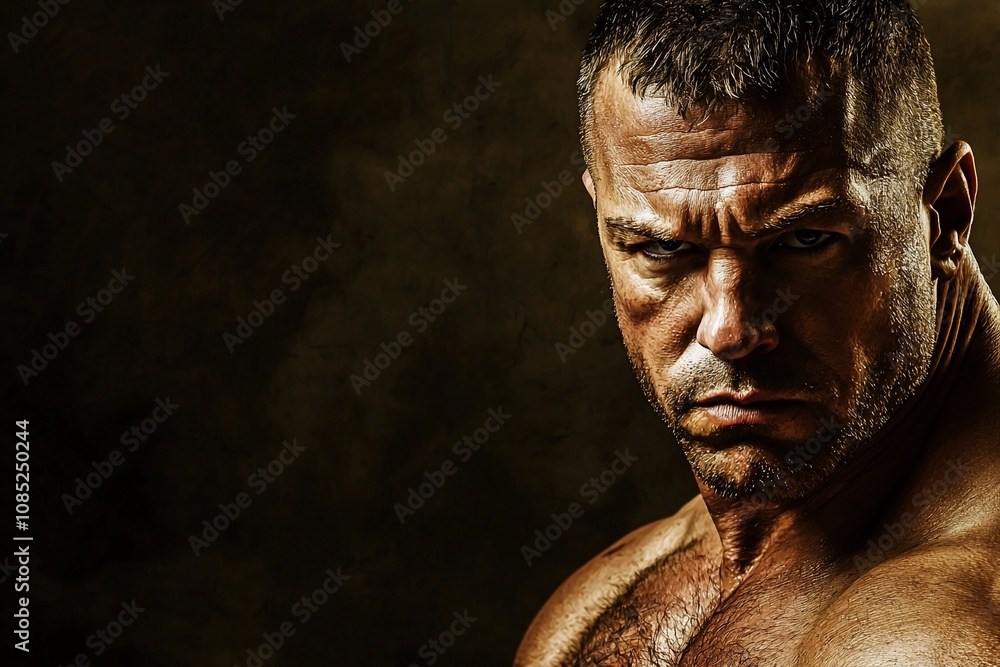 Intense Portrait of a Muscular Male Figure in Dramatic Lighting Intense Portrait of a Muscular Male Figure in Dramatic Lighting