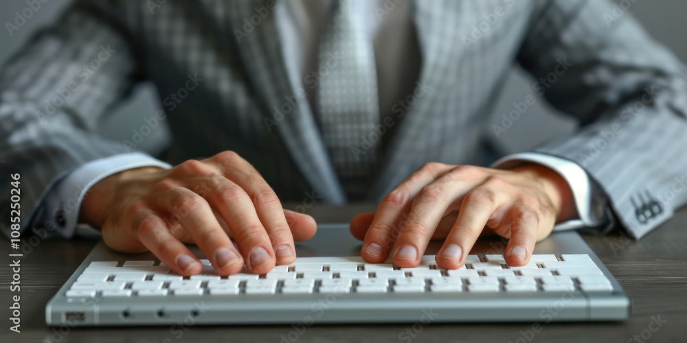 Confident businessman typing keyboard wireless front view working on his computer on desk grey suit Confident businessman typing keyboard wireless front view working on his computer on desk grey suit