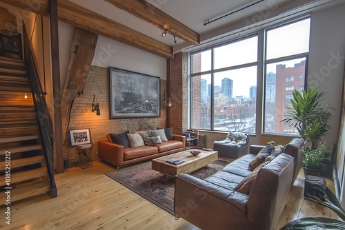 Cozy urban living room with large windows and wooden accents.