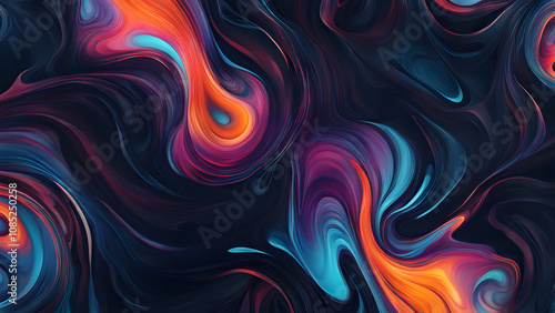 A colorful abstract painting with a blue and orange swirl