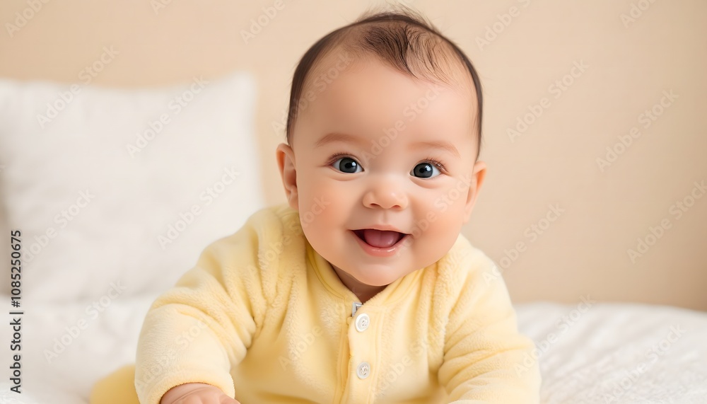 Bright-Eyed Baby Radiating Joy in a Sunlit, Pastel-Toned Setting. Bright-Eyed Baby Radiating Joy in a Sunlit, Pastel-Toned Setting.