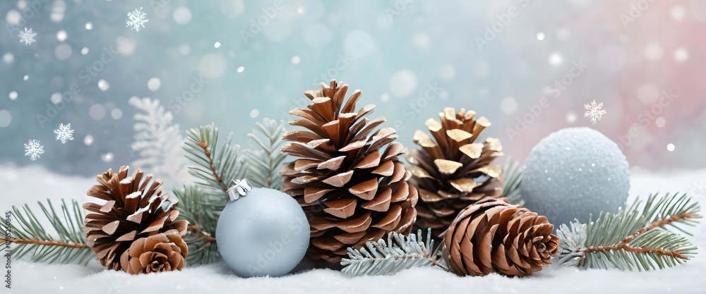 christmas background with pine cones, balls, snowflakes in a soft blue pastel color christmas background with pine cones, balls, snowflakes in a soft blue pastel color