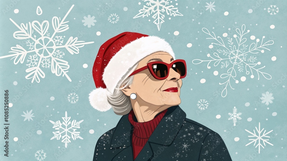 Fashion portrait of a stylish elderly woman wearing a Santa hat and sunglasses against a winter background Fashion portrait of a stylish elderly woman wearing a Santa hat and sunglasses against a winter background