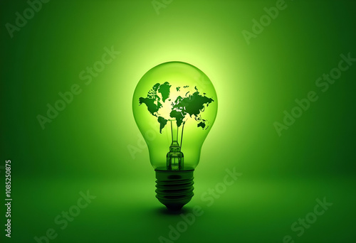 green light bulb with world map design symbolizes eco friendliness and sustainability. This represents connection between energy and environment, promoting awareness