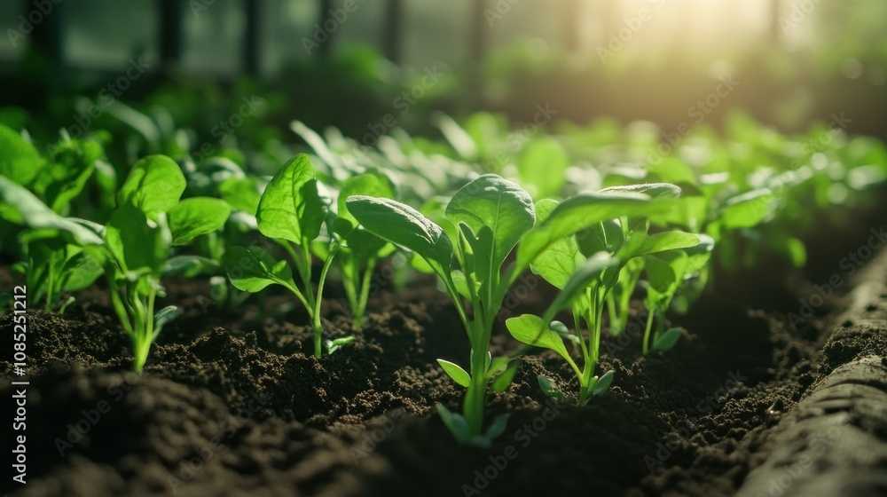 A close-up of young plants growing in rich soil, illuminated by sunlight in a greenhouse. A close-up of young plants growing in rich soil, illuminated by sunlight in a greenhouse.