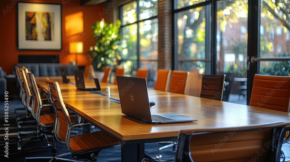 Modern conference room with long wooden table, laptops, and orange chairs near large windows. Modern conference room with long wooden table, laptops, and orange chairs near large windows.