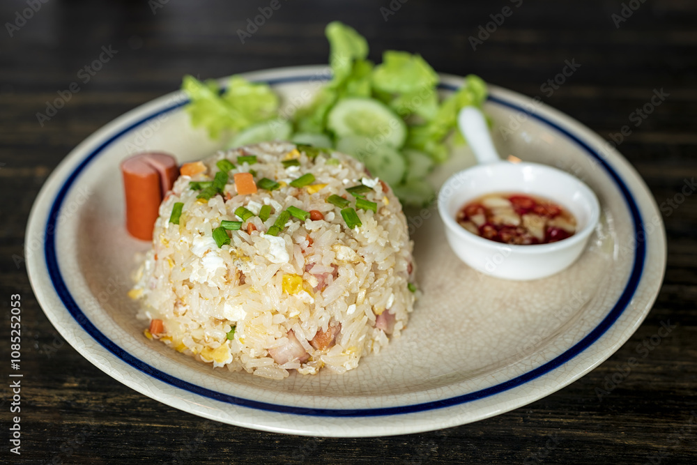 Fried rice with pork and egg. Food background. Fried rice with pork and egg. Food background.
