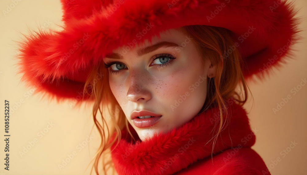 striking portrait of woman with red hair wearing vibrant red fur hat and coat, showcasing her captivating blue eyes and freckles. warm tones create inviting atmosphere striking portrait of woman with red hair wearing vibrant red fur hat and coat, showcasing her captivating blue eyes and freckles. warm tones create inviting atmosphere