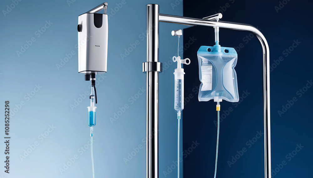 Medical Concept. Pump for infusion and drip for saline solution. IV fluid infusion on a background of blue Medical Concept. Pump for infusion and drip for saline solution. IV fluid infusion on a background of blue