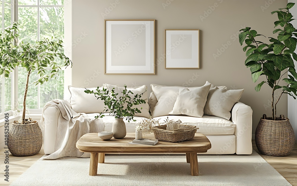 Cozy living room with plants and neutral decor for relaxation. Cozy living room with plants and neutral decor for relaxation.