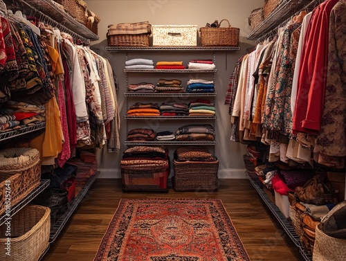 Organized closet with colorful clothing, neatly arranged shelves, and woven baskets providing an inviting storage solution. photo