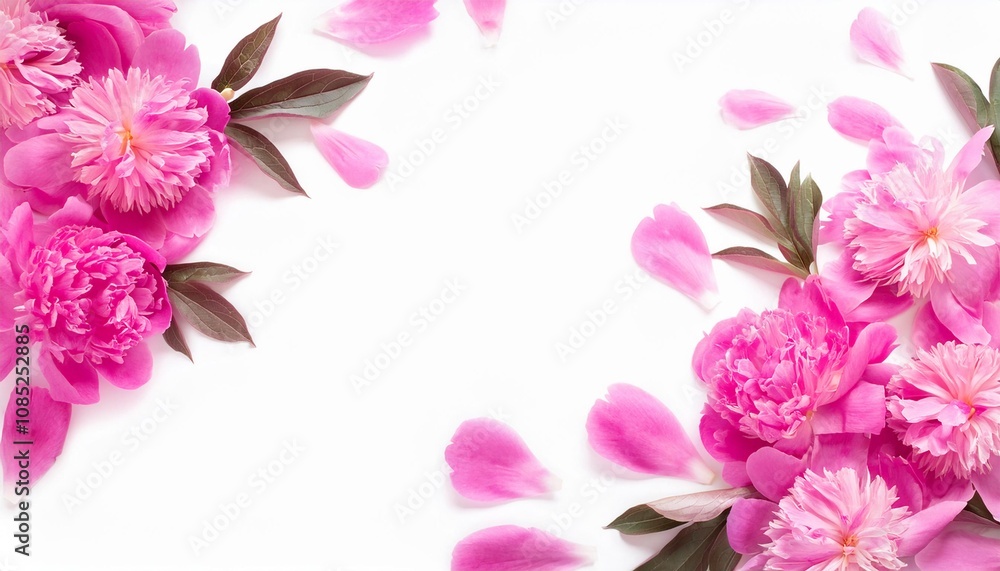 Fototapeta premium Closeup of Blooming Peony Flowers and Petals Isolated on White Background. Top View of Flower with Empty Space.