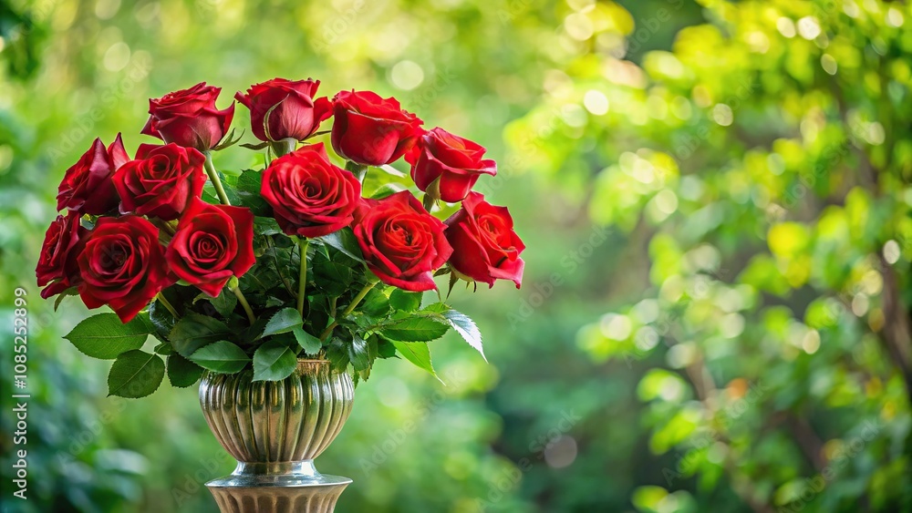 Obraz premium Bouquet of long-stemmed red roses arranged in a decorative vase surrounded by lush greenery, blooming flowers, floral design, bouquet