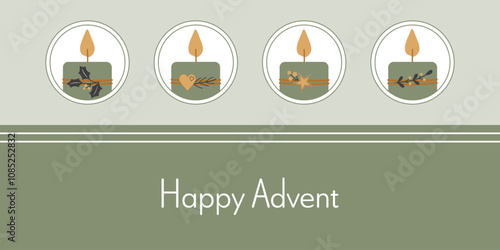 Happy Advent - Schriftzug in englischer Sprache - Fröhlicher Advent. Grußkarte mit vier verzierten Kerzen in Grün, Gold und Anthrazit.