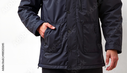 Close-up of a person wearing a black insulated jacket with hands in pockets against a white background