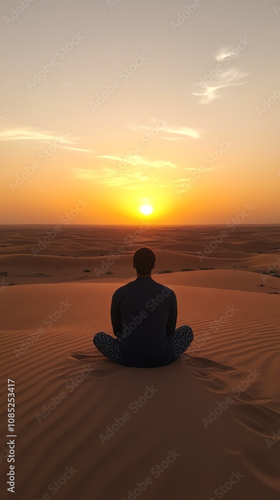 Fototapeta premium Discovering the concept of solo travel. A solitary figure meditating in a serene desert landscape during a stunning sunset, embodying peace and tranquility.