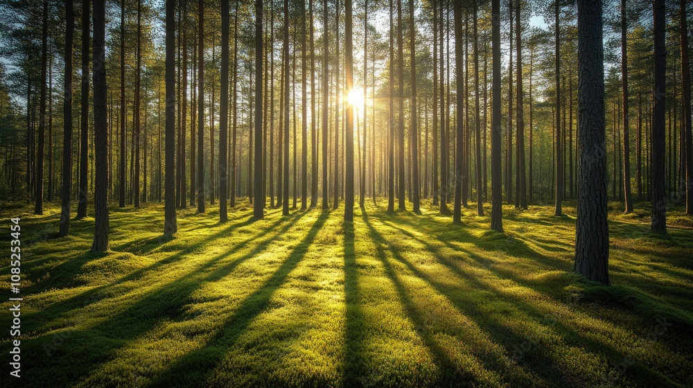 Fototapeta premium Sunlight Filtering Through a Pine Forest