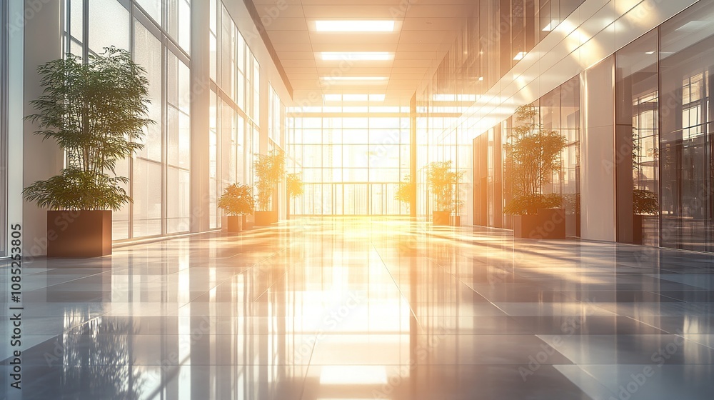 A modern, sunlit office corridor with reflective floors and potted plants. A modern, sunlit office corridor with reflective floors and potted plants.